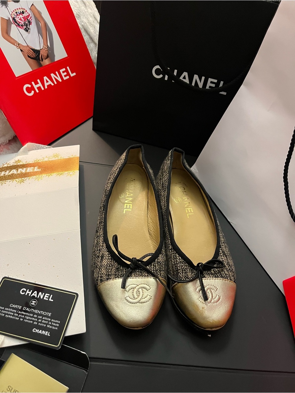🖤 Authentic Chanel Tweed & Metallic Gold Ballet Flats